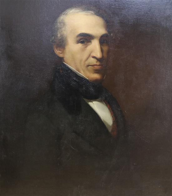 19th century English School, oil on canvas, Portrait of a gentleman, indistinctly signed, 81 x 65cm, unframed